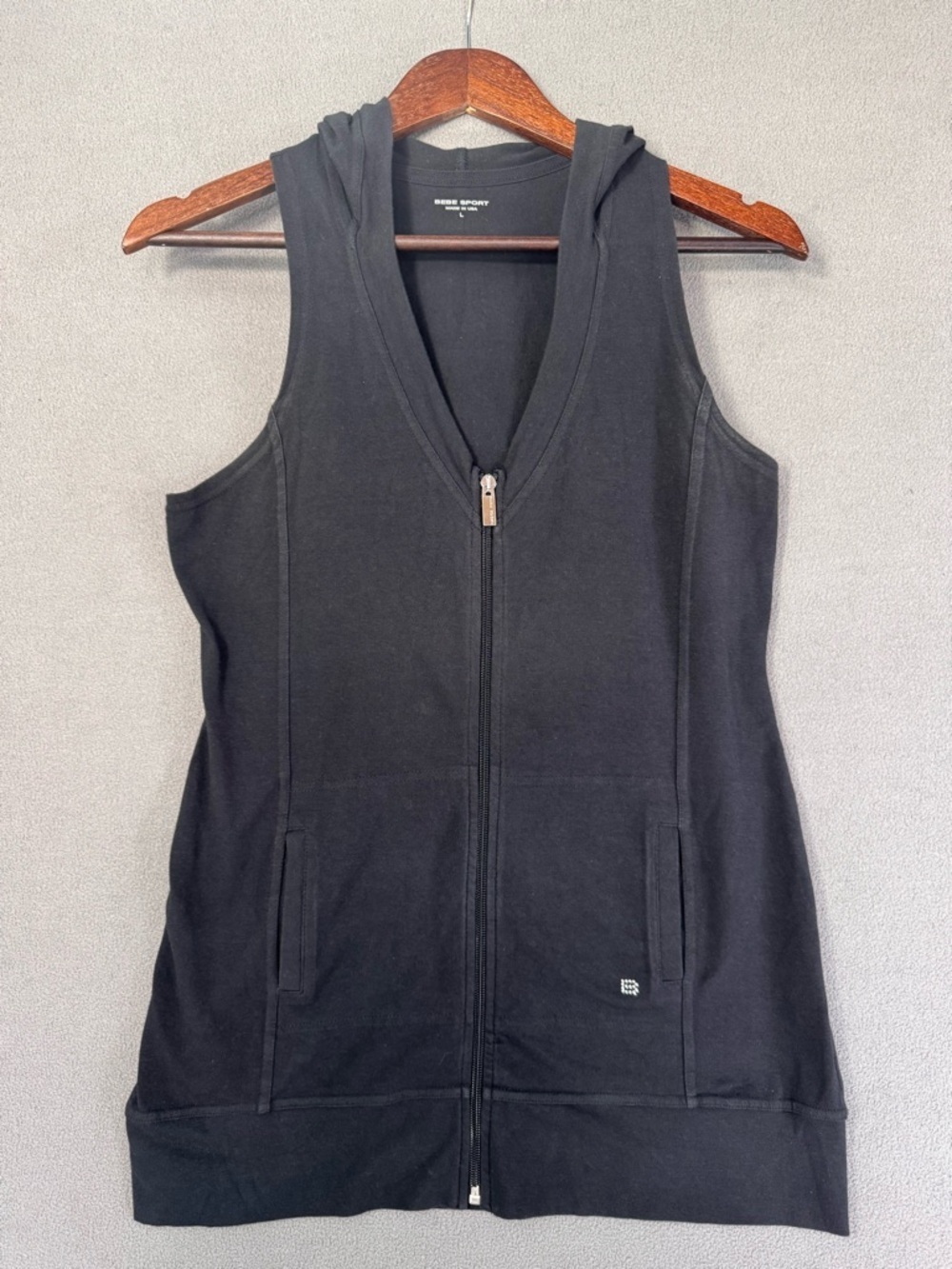 Bebe Sport Sleeveless Black Zip-Up Hooded Hoodie Vest, Size L
